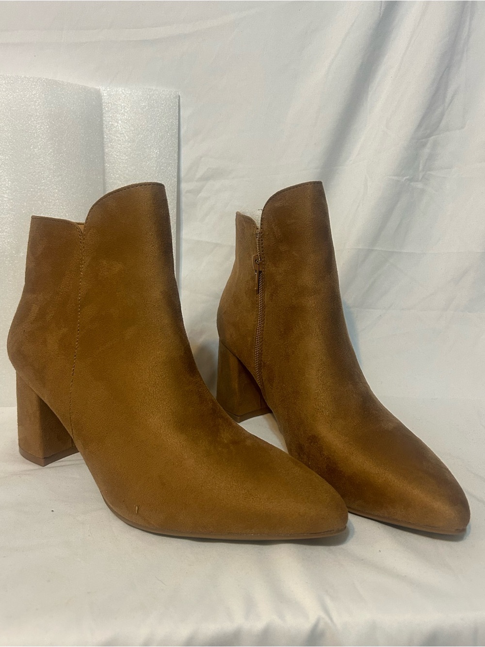 Women's Tan Suede Pointed Toe Block Heel Ankle Boots